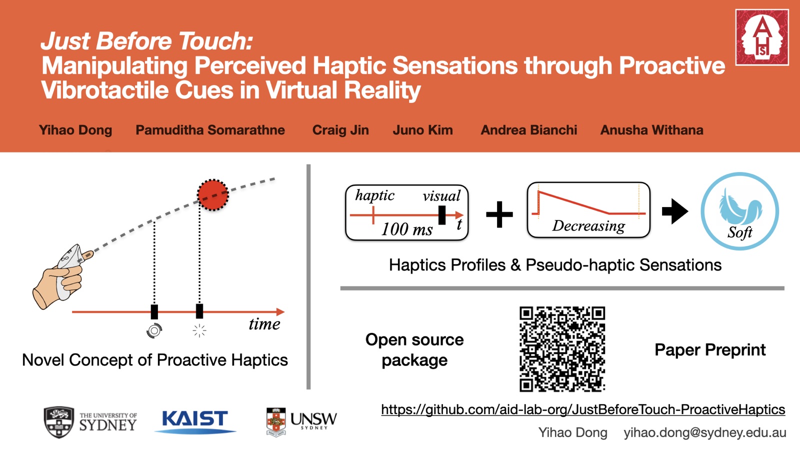 Just Before Touch poster: a controller approaching a ball on a timeline, with a haptic cue 100 milliseconds before visual contact.